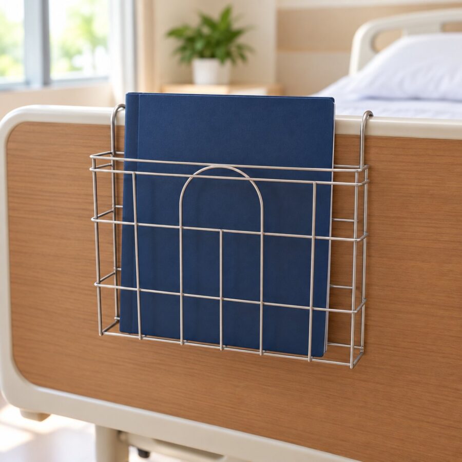 Stainless steel wire file holder hanging on the foot of a hospital bed