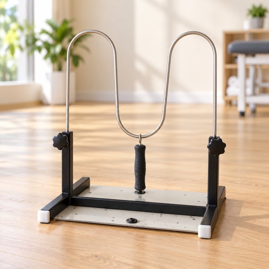 Coordination exerciser with a curved stainless steel rod and foam handle on a black steel base