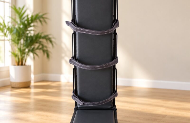 Black CP standing frame with padded back board, three straps and footplate
