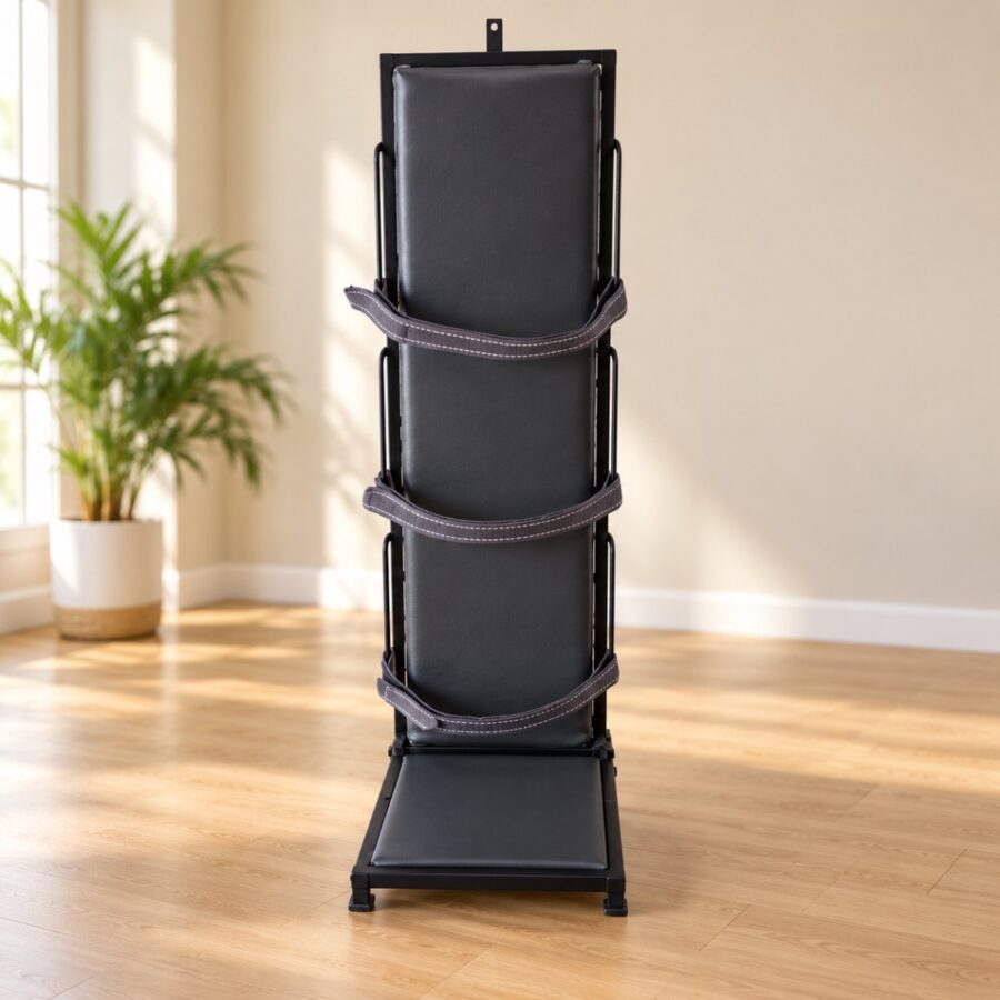 Black CP standing frame with padded back board, three straps and footplate