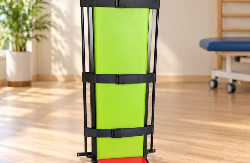 CP standing frame with a lime green back board and red footplate