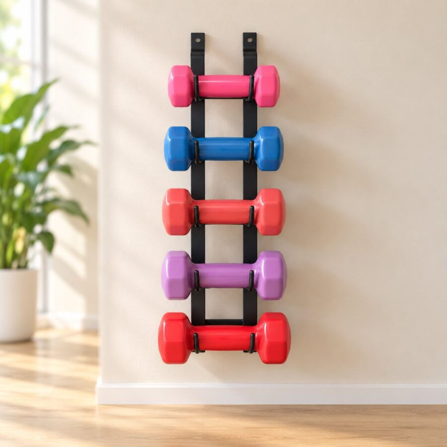 Wall mounted black steel dumbbell rack holding five coloured vinyl dumbbells