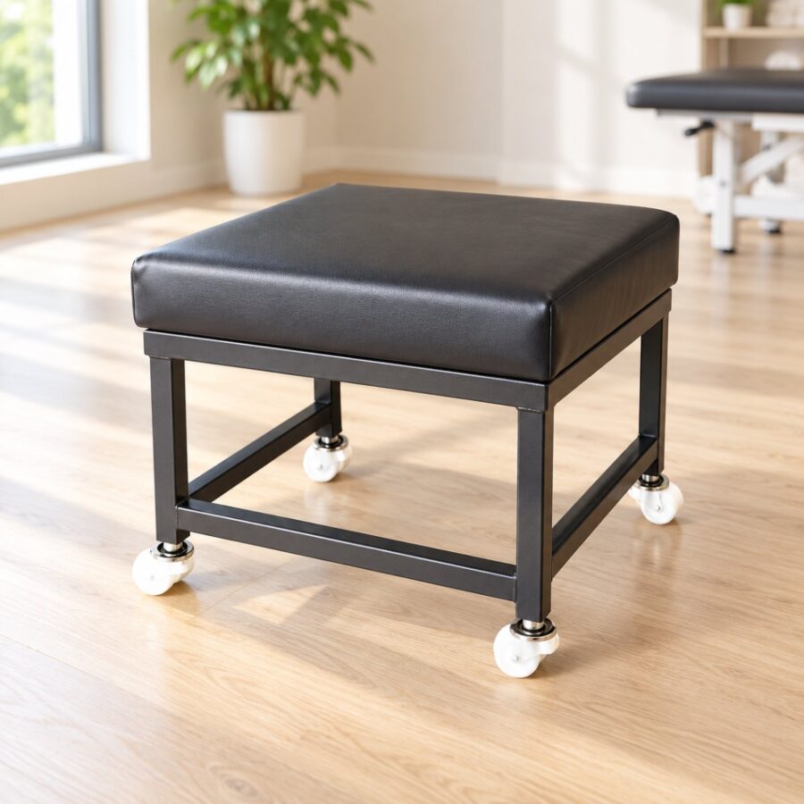 Low padded exercise stool on a black steel frame with four white castor wheels