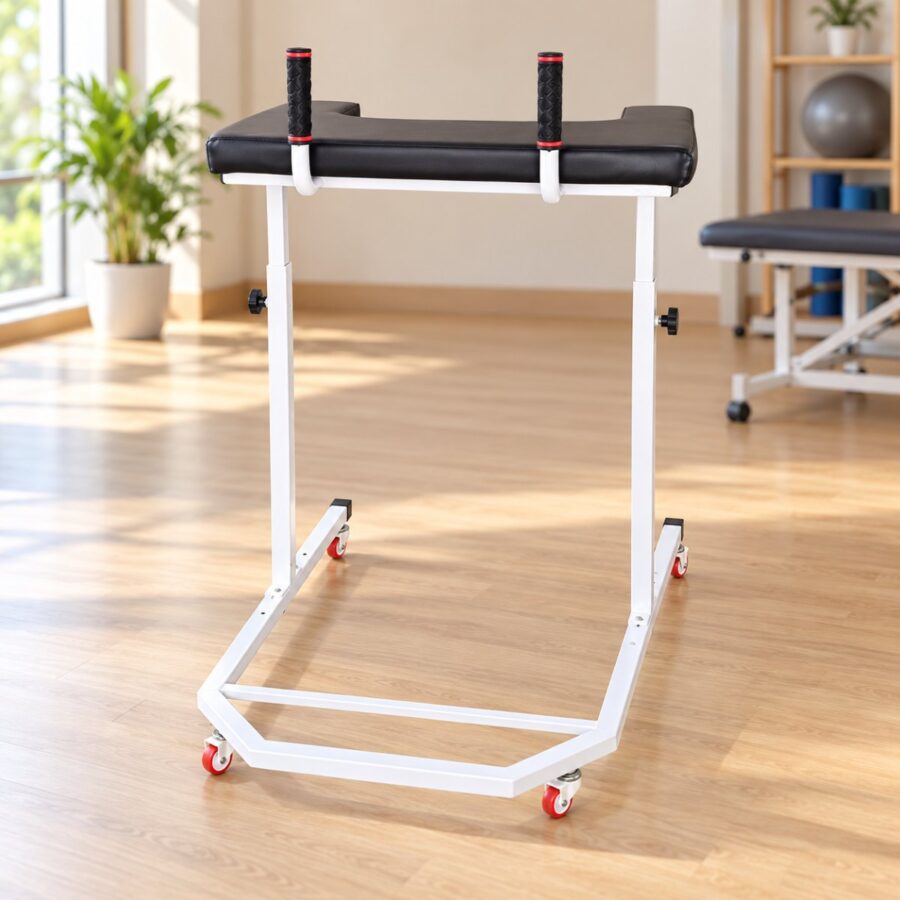 White forearm support walker with padded rest, hand grips and castor wheels