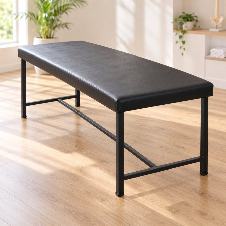 Mild steel treatment table with a black padded top and cross braced base