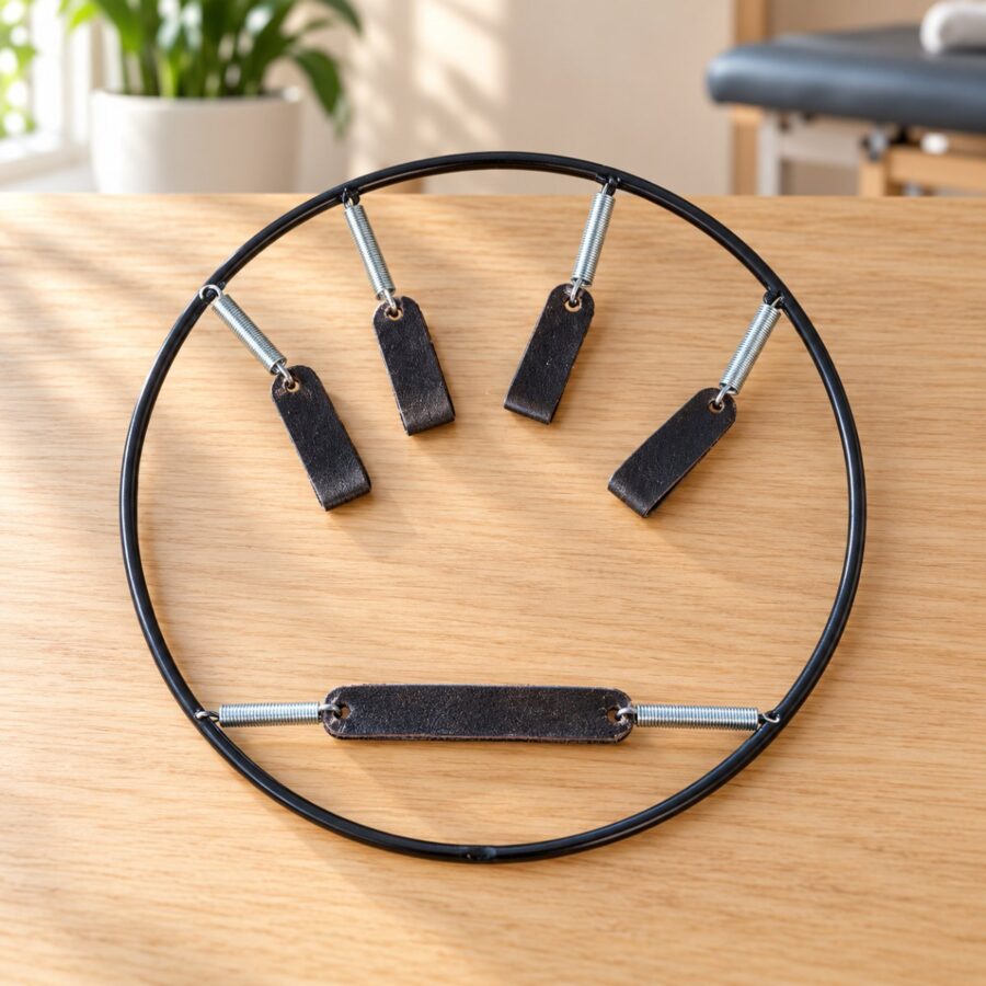 Round steel finger gripper with four spring finger loops and a palm strap