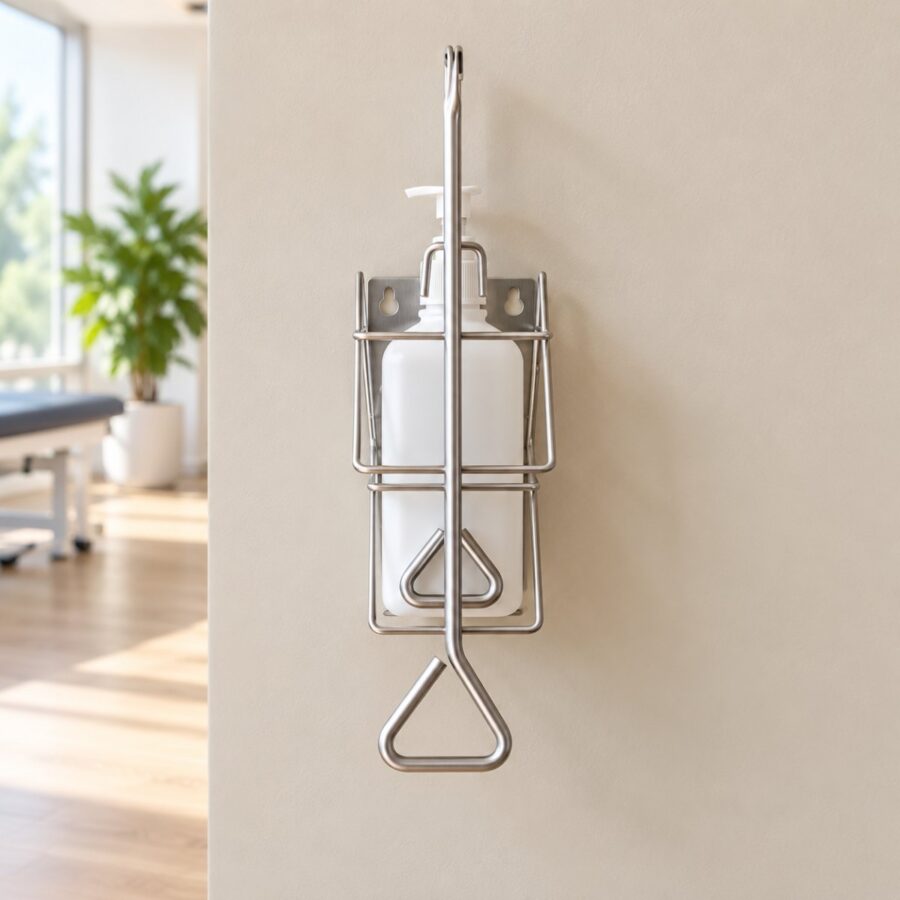 Wall mounted stainless steel sanitizer bottle stand with a hands free lever