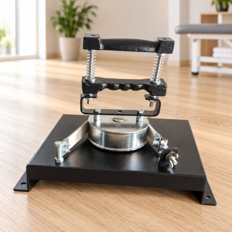 Supination and pronation exerciser with a spring hand gripper on a black steel base